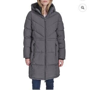 DKNY Long Puffer Coat Hooded Jacket Charcoal Gray L